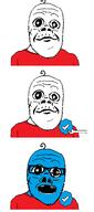 baby blue_checkmark blue_skin closed_mouth clothes deformed glasses mustache open_mouth soyjak subvariant:jacobson twitter twitter_checkmark variant:a24_slowburn_soyjak // 972x2192 // 157.5KB