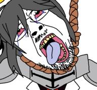 bloodshot_eyes clothes funamusea glasses gray_hair halo hanging knight open_mouth rope sol stubble tranny uniform variant:bernd white_background // 450x417 // 17.7KB