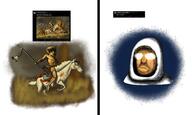 accessory bag brown_skin classical_art_parody clothes donald_trump drawn_background full_body glasses glowing_eyes holding_object holding_spear horn horse horseback_riding naked native_american orange_skin request robe shadow shield shoe spear stubble tattoo variant:feraljak variant:smugjak yellow_hair // 3368x2010 // 4.2MB