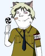 bandage bracelet bruise cat_ear closed_mouth clothes fang food hellsing holding_lollipop holding_object lollipop nazism patch pink_eyes pocket schrodinger smile subvariant:shoyta swastika uniform variant:gapejak yellow_hair // 1100x1350 // 48.2KB