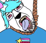 akira_(friday_night_funkin') bloodshot_eyes blue_hair clothes crying dead friday_night_funkin' furry glasses hanging open_mouth red_eyes rope soyjak stubble suicide tongue variant:bernd // 768x719 // 162.6KB