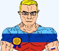 arm award blue_eyes buff christianity closed_mouth clothes eastern_orthodox eyes_like_the_o-o-cean flag flag:lugansk flag:russia glasses hair lugansk orthodox_cross russia soyjak subvariant:chudjak_front subvariant:muscular_chud text transparent transparent_background tshirt variant:chudjak vein west yellow_hair // 1059x929 // 56.6KB