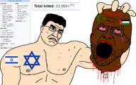 arm blood_drip blood_on_face blood_splatter bloodshot_eyes brown_skin btfo buff closed_mouth crescent crescent_and_star crying death deep_wound dismemberment ear exposed_bone faggot flag flag:israel flag:palestine flags forehead_mark gaza god_of_war gore hamas holding_object holding_severed_head islam israel israeli israeli_flag israelite judaism merge meta:tagme open_mouth palestine palestine_flag palestinian red_lips severed_head soyjak star_and_crescent star_of_david stubble subvariant:kratos_chudjak text variant:cobson // 1597x1007 // 161.3KB