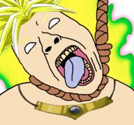 anime broly dead dragon_ball glowing hair hanging open_mouth rope soyjak suicide tongue variant:bernd white_skin yellow_hair yellow_teeth // 768x719 // 277.6KB