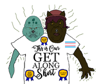 2soyjaks aliased alternate angry arm award closed_mouth clothes flag flag:transgender_pride_flag frown get_along_shirt glasses hair hand jimbo_(namefag) looking_at_each_other meta:namefags mustache namefag_drama namefags painted_nails purple_hair queen_of_spades rent_free soyjak stink_lines text trend:slopjak trevor_(user) tshirt variant:alicia variant:disgusting_trevorcreature // 1182x1030 // 41.9KB