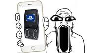 arm glasses hand holding_object holding_phone imgflip imgflip.com iphone large_eyes open_mouth phone playstation playstation_portable psp_go smartphone sony stretched_mouth stubble variant:markiplier_soyjak watermark // 1280x720 // 73.7KB