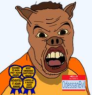 angry animal award badge brown_hair brown_skin clothes ear eyebrows hair hello_my_name_is_(sticker) lips looking_at_you meta:namefags name_tag nigger odessanbvll(namefag) open_mouth pig pigger series:animaljaks snout stubble subvariant:feralnigger sweating teeth text tongue transparent_background variant:feraljak wrinkles yellow_sclera yellow_teeth zarty zartycuck zartypedo // 1080x1106 // 274.9KB
