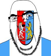 animal arm country crown flag flag:subcarpathian full_head glasses griffin hair hand leg lion looking_at_you open_mouth poland shield smile soyjak stubble subcarpathian teeth text tongue variant:cobson voivodeship wing // 775x849 // 109.7KB
