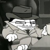 arm black_and_white cartoon chair clothes cup foot garfield glasses hand hat holding_object necktie smirk smug soyjak variant:chudjak // 480x480 // 46.6KB