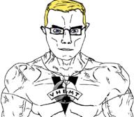 arm blue_eyes buff closed_mouth clothes glasses hair soyjak subvariant:chudjak_front subvariant:muscular_chud tshirt variant:chudjak vein voluntary_human_extinction_movement yellow_hair // 1059x929 // 107.1KB