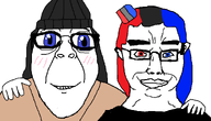 black_hair blue_eyes blue_hair chud_troon_alliance clothes eyes_blue_like_the_atlantic eyes_like_the_o-o-cean eyes_red_vast_and_volcanic forehead_lines glasses grin hand hand_on_shoulder happy hat lips neck nintendo nintendo_switch nostril red_eyes red_hair smile variant:bernd variant:chudjak variant:soysuba variant:soytan video_game white_background white_skin wrinkles // 1326x762 // 51.5KB