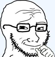 closed_mouth glasses hand smile smug soyjak stubble variant:soyak // 586x607 // 79.1KB