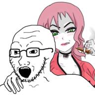 big_breasts breasts choker cigarette coomer_artstyle daddy's_girl female glasses hand open_mouth soyjak stubble variant:soyak wojak // 500x500 // 175.8KB