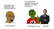 4chan amphibian bloodshot_eyes brown_skin crying frog glasses middle_finger nas:pepe nazism open_mouth pepe_the_frog redpill russia russo_ukrainian_war soyjak stubble text ukraine variant:soyak volodymyr_zelenskyy // 1024x546 // 52.7KB