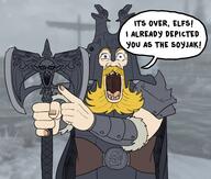 arm armor axe battle_axe beard blue_eyes crying elf fantasy finger fingernail glasses hand helmet holding_axe holding_object horned_helmet missing_teeth nord_(the_elder_scrolls) nordic_chad open_mouth pointing pointy_ears portrayed_as_the_soyjak soyjak speech_bubble stonetoss stubble text the_elder_scrolls the_elder_scrolls_v:_skyrim trend:aryan variant:cryboy_soyjak variant:markiplier_soyjak viking weapon white_skin wuuthrad yellow_hair yellow_teeth ysgramor // 4096x3474 // 805.2KB