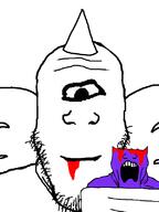 2soyjaks bald closed_mouth cyclops forced hand horn one_eyed_one_horned_flying_purple_people_eater purple_person purple_skin smile subvariant:neutralplier variant:markiplier_soyjak wing // 600x800 // 91.2KB