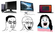 3soyjaks closed_mouth computer computer_mouse desktop fat flag:transgender_pride_flag:trans glasses gnulinux keyboard laptop mac_os mountain open_mouth soyjak stubble teeth tranny ubuntu variant:alicia variant:chudjak variant:soyak windows // 1500x896 // 398.1KB