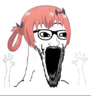 anime arm beard eyes_popping gabriel_dropout glasses hand hands_up open_mouth ornament red_hair satania soyjak stubble subvariant:wewjak variant:soyak // 663x704 // 188.5KB