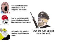 anarcho-capitalism beard blue_eyes breasts brown_skin closed_mouth clothes crying fat flag flag:anarcho-capitalism glasses gynaecomastia hair hat libertarian maga nazism neckbeard nordic_chad open_mouth red_eyes schutzstaffel snake speech_bubble stubble teeth text united_states variant:gapejak variant:soyak weapon white_skin yellow_hair // 738x551 // 60.2KB