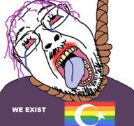 bloodshot_eyes crying glasses hair hanging islam lgbt mustache open_mouth purple_hair rope soyjak stubble suicide text tongue variant:bernd yellow_teeth // 768x719 // 544.2KB