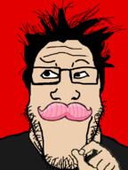 black_shirt frog glasses hair hand looking_to_the_left looking_up markiplier mustache pepe pink_mustache profile_picture red_background variant:markiplier_soyjak youtube youtuber // 600x800 // 89.1KB
