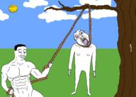 3soyjaks arm bloodshot_eyes buff closed_mouth clothes crying drawn_background ear full_body glasses grass hand hanging holding_object holding_rope irl leg lynching noose open_mouth outdoors rope smile smug soyjak stubble subvariant:wholesome_soyjak sun template tongue tree variant:bernd variant:chudjak variant:gapejak yellow yellow_skin yellow_teeth // 2100x1500 // 124.2KB
