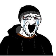 beanie bloodshot_eyes cigarette clothes crying doomer glasses hat hoodie open_mouth smoking soyjak stretched_mouth stubble variant:soyak // 894x894 // 227.9KB