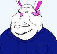 accessory animal blue_jacket closed_mouth fat jacket kenny_the_rabbit_studios lips meta:tagme muttoid obese peruvian rabbit rabbit_ears soyjak template transparent transparent_background trihard variant:meximutt white_hair // 1507x1440 // 182.0KB