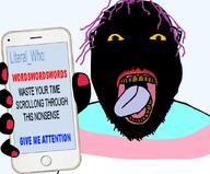 attention_whore copypasta esl flag:transgender_pride_flag glasses lipstick literal_who meta mustache nails open_mouth phone purple_hair purple_tongue rotten_teeth showing_something soybooru stubble text tongue tongue_out tranny troon vantablack vantablack_skin variant:bernd wordswordswords yellow_sclera yellow_teeth // 921x763 // 197.3KB