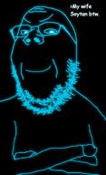 arm artist:xjanny b_b_ghast_(namefag) blue_glow closed_mouth clothes crossed_arms glasses glowing looking_at_you namefags smile smirk smug soyjak stubble template text variant:gapejak // 730x1194 // 237.4KB