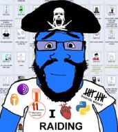 2soyjaks arm badge beard blue_skin calm closed_mouth clothes glasses hair hat heart i_love meta:tagme open_mouth pirate_hat raid reddit skull smile soyjak subvariant:science_lover tor tshirt tuxler variant:markiplier_soyjak // 800x900 // 219.2KB