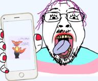 copper femboy glasses holding_phone open_mouth phone pretty_blood soyjak stubble tongue tranny variant:bernd // 921x763 // 311.0KB
