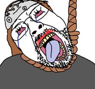 bloodshot_eyes brown_hair clothes crying david_foster_wallace glasses hair hanging headband mustache open_mouth rope soyjak stubble suicide tongue variant:bernd // 768x719 // 50.0KB