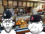 2soyjaks baseball boston_market boston_red_sox buffet cap chicken clothes coke ear glasses hat irl_background new_york_yankees no_eyebrows open_mouth small_eyes smile soyjak stubble subvariant:massjak subvariant:wholesome_soyjak text variant:gapejak variant:nojak // 1600x1200 // 896.3KB