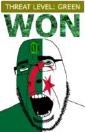 ahegao algeria country crescent emerald flag flag:algeria gem glasses green green_eyes hair looking_up open_mouth schlog_color_event soyjak soyjak_blog star_(symbol) star_and_crescent stubble teeth text threat_level_green variant:cobson won // 721x1115 // 153.9KB