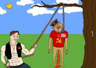 3soyjaks arm bloodshot_eyes brown_skin buff closed_mouth clothes commie communism crying drawn_background ear flag:ussr full_body glasses grass han_solo han_solo_(namefag) hand hanging holding_object holding_rope irl leg lynching meta:namefags noose open_mouth outdoors rebel_alliance rope silberfisch_(namefag) smile smug soyjak star_wars stubble subvariant:wholesome_soyjak sun template tongue tree variant:bernd variant:chudjak variant:gapejak yellow yellow_skin yellow_teeth // 2048x1462 // 462.3KB