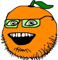 annoying_orange food froot fruit glasses leaf open_mouth orange orange_(fruit) smile soyjak stubble variant:oranjak // 390x400 // 8.5KB