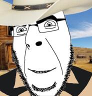 clothes cowboy cowboy_hat desert glasses hat irl_background smile soyjak stubble variant:cobson wild_west // 676x707 // 330.2KB