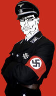 armband chud closed_mouth clothes coat collar_tabs collared_coat collared_shirt ear glasses hair hat hat_ornament iron_cross jacket military military_hat military_jacket military_uniform nazism necktie peaked_cap red_background reichsadler skull_hat_ornament subvariant:perceptive_chud swastika totenkopf variant:chudjak übermensch // 1197x2034 // 485.8KB