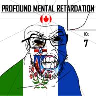 angry bald black_eyes black_hole black_sclera canada clenched_teeth closed_mouth country cracked_teeth drool ear flag flag:canada flag:yukon glasses iq iq_bell_curve mustache nightmare_fuel no_pupils profound_mental_retardation retard soyjak stubble text variant:feraljak wrinkles yukon // 1024x1024 // 130.8KB