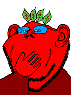 beetroot broot covering_mouth emoticon glasses hand hand_on_face leaf red_skin series:brootmoji stubble transparent_background variant:impish_soyak_ears 🫢 // 598x800 // 22.6KB