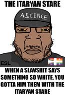 ascence_(user) brown_skin cap closed_mouth clothes esl esl_agugu_pedo flag:quebec_pride fnf_pedo glasses hat itaryan lips meta:namefags mustache nose shitskin stubble subvariant:chudplier sweating text variant:markiplier_soyjak white_background yellow_sclera // 1080x1585 // 349.0KB