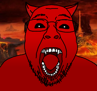 bald black_sclera demon fire glasses hell horn lava looking_at_you open_mouth red_skin sharp_teeth stubble variant:bernd // 1200x1125 // 353.1KB