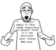 arm bald clothes ear forehead_lines forehead_wrinkles glasses hand low_quality open_mouth pointing soyjak stubble t-shirt text tshirt variant:shirtjak white_background // 618x559 // 112.3KB