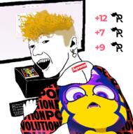 animal_crossing ankha clothes hair hoodie meta:tagme open_mouth soyjak variant:zoomer_on_computer yellow_hair zone_ankha // 695x701 // 474.4KB