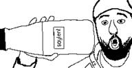 arm beard bottle cap clothes hand hat holding_bottle holding_object holding_soylent open_mouth plastic_bottle soy soyjak soylent soylent_bottle variant:unknown // 255x132 // 4.7KB