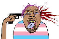 arm blood bloodshot_eyes brown_skin brown_troonjak crying firearm gun hair hand holding_gun holding_object holding_pistol mustache pistol purple_hair soyjak stubble suicide tongue tranny variant:bernd weapon yellow_teeth // 687x453 // 181.8KB