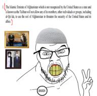 badge clenched_teeth clothes doha_agreement glasses hand hat islam peace_sign soyjak stubble taliban text variant:feraljak yellow_teeth // 1296x1280 // 654.8KB