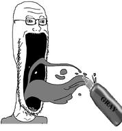 bottle clothes drinking glasses grey grey_skin greyscale open_mouth soyjak stubble subvariant:soyak_soymilk text variant:soyak // 833x901 // 69.6KB