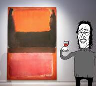 abstract art artwork collared_shirt crooked_teeth gallery glasses grin hair long_hair modern_art mullet museum nose_piercing nose_ring painting piercing smug squinting turtleneck variant:mulletjak wine // 1900x1701 // 1.2MB